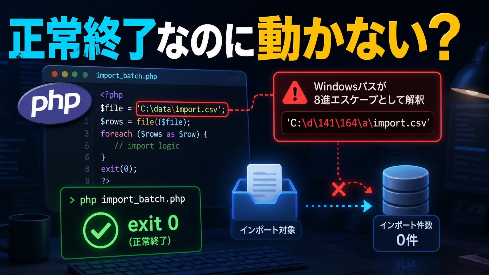 PHPバッチでWindowsパスの8進エスケープ問題を解説するサムネイル