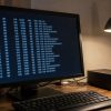 自宅サーバの横にあるモニターでLinuxのディスク使用状況を確認している様子