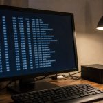 自宅サーバの横にあるモニターでLinuxのディスク使用状況を確認している様子