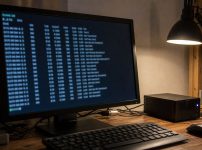 自宅サーバの横にあるモニターでLinuxのディスク使用状況を確認している様子