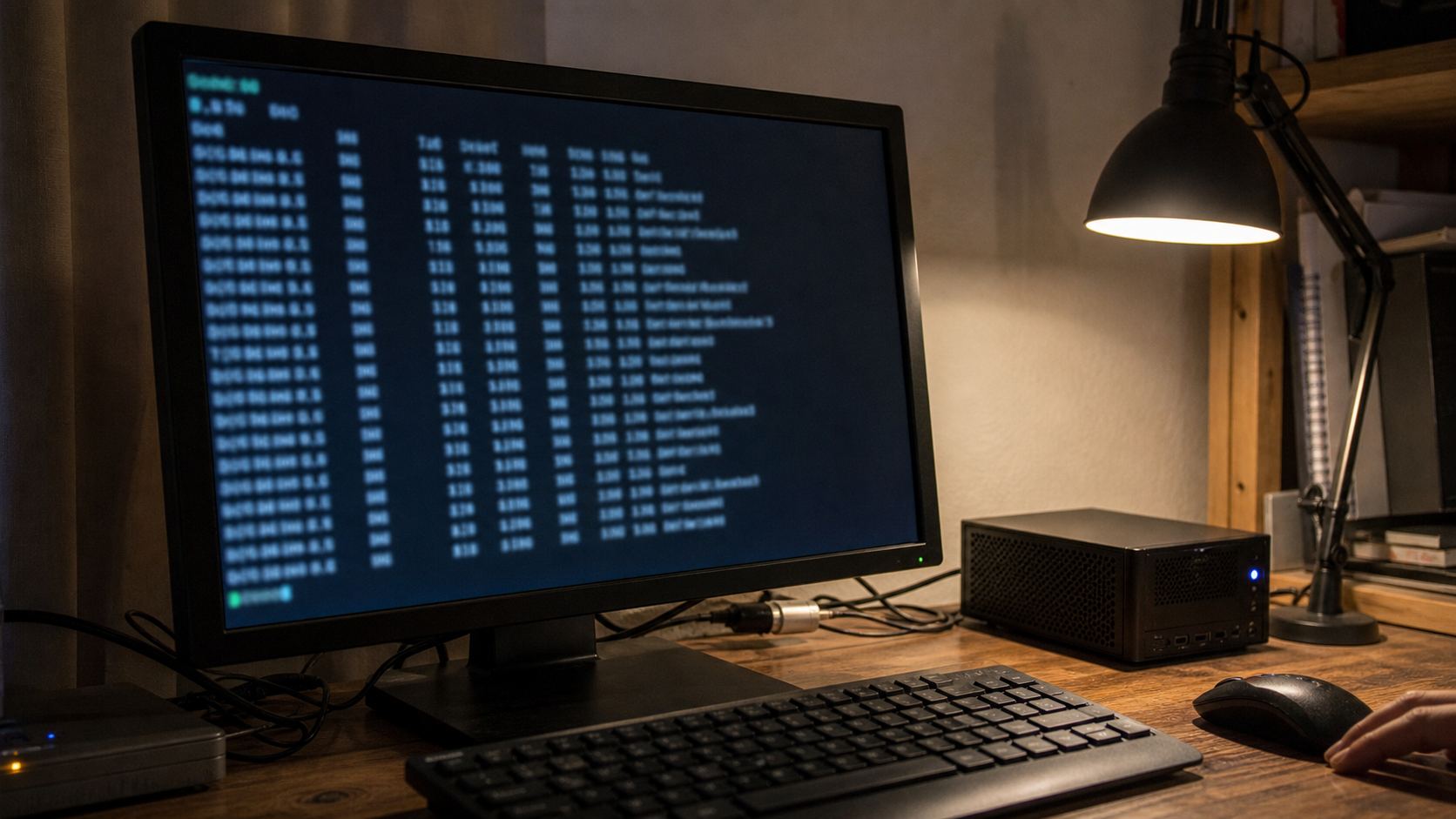 自宅サーバの横にあるモニターでLinuxのディスク使用状況を確認している様子