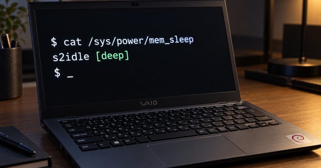 VAIO風ノートPCのターミナルにcat /sys/power/mem_sleepとs2idle [deep]を表示したイメージ。