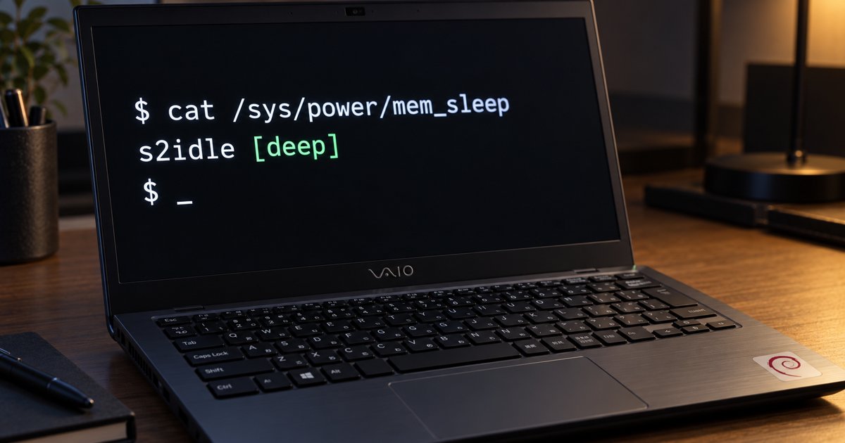 VAIO風ノートPCのターミナルにcat /sys/power/mem_sleepとs2idle [deep]を表示したイメージ。